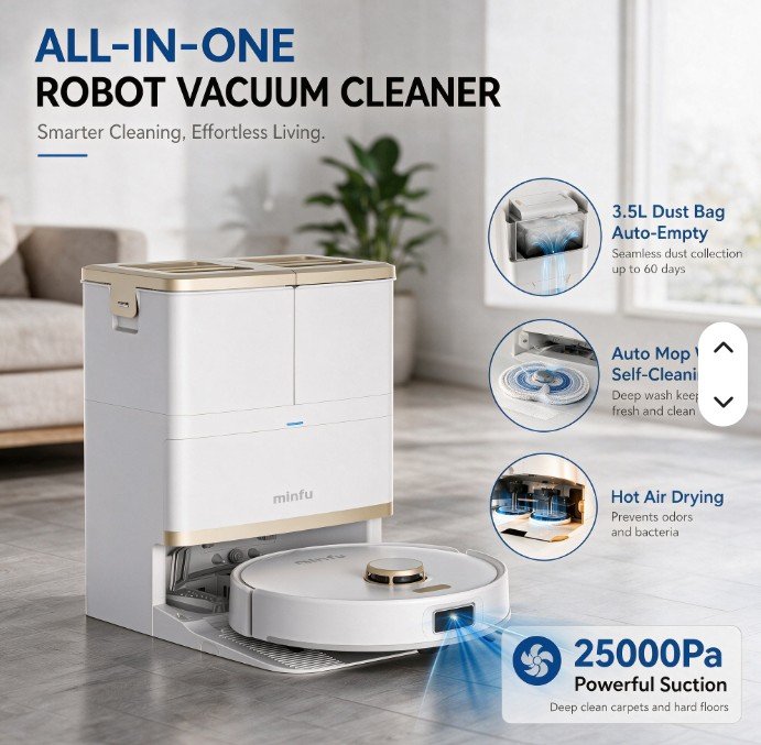 Minfu All-in-One Self-Emptying Robot Vacuum with Mopping